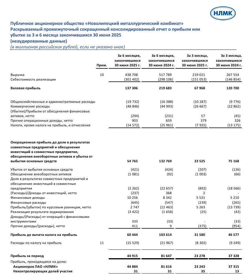 Скрин из отчета НЛМК за 1 полугодие 25 г.