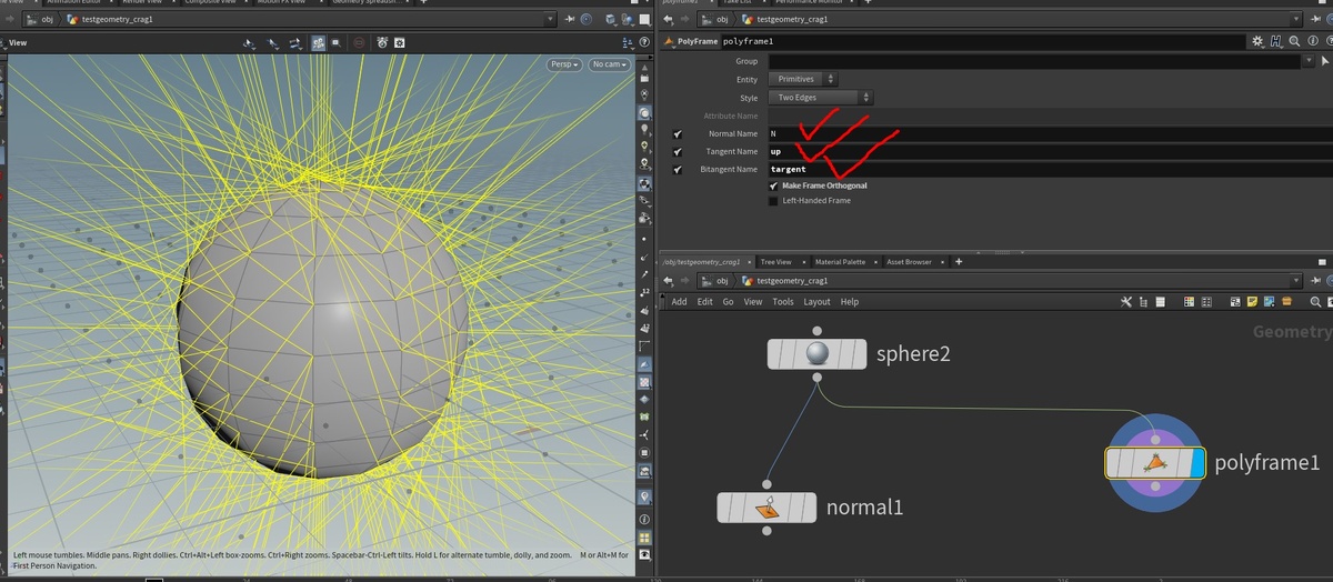 Правильные настройки ноды polyframe для просмотра всех трёх осей: N (нормали), up (up вектора) и tangent (касательного вектора) у сферы