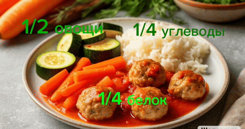 Вот приблизительно так и  выглядит моя тарелка. Я не считаю калории, я просто слежу за балансом на тарелке