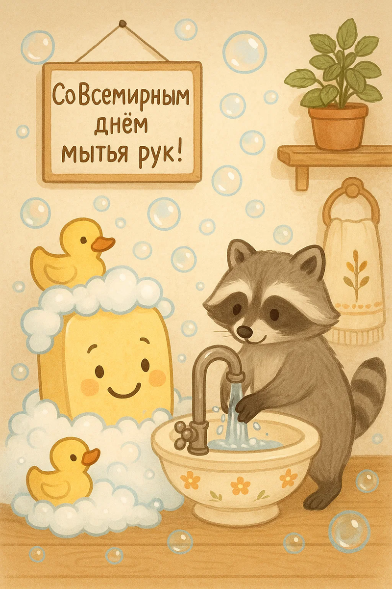 Открытка из серии «Всемирный день мытья рук!» создана автором Арт-мастерской ИИ при участии нейросети.