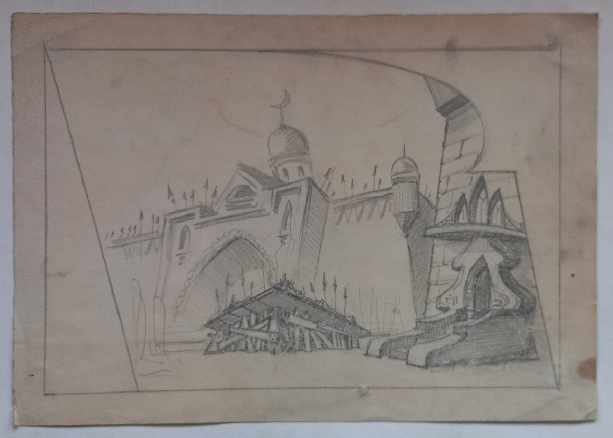 Художник Шестаков А. П.. Набросок эскиза к спектаклю. Бумага, карандаш, размер 20,8х29,6 см. Ориентировочно 60-е годы. Из архива автора.