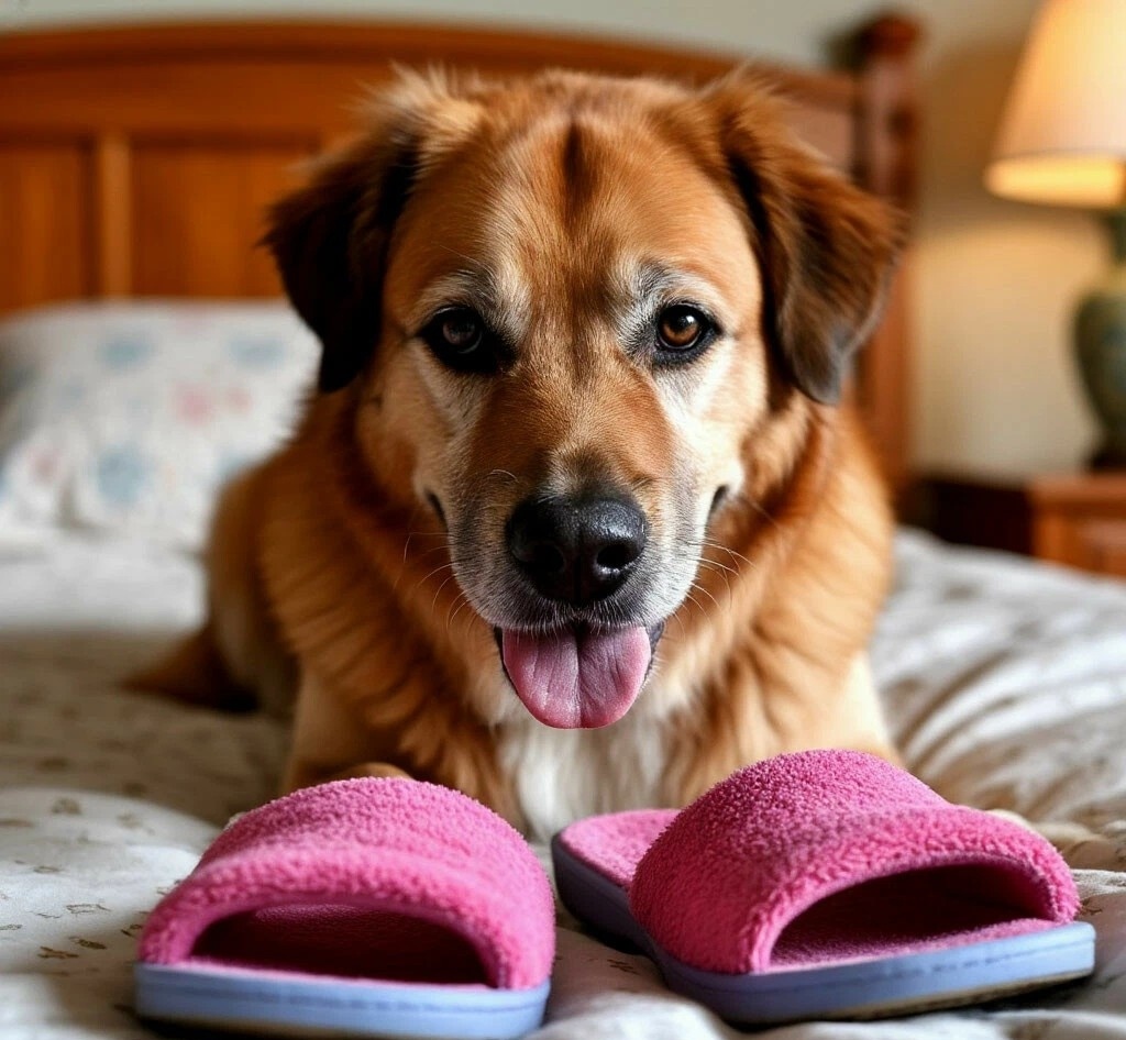 Собака с танками на кровати.