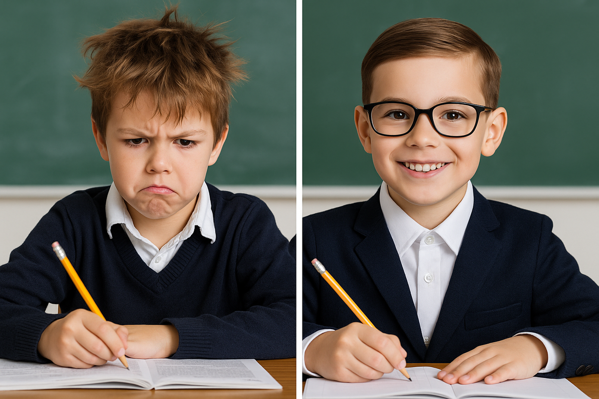 Слева ребёнок с растрёпанными волосами и небрежным видом, справа тот же ребёнок в очках, с аккуратной причёской и опрятной школьной формой.