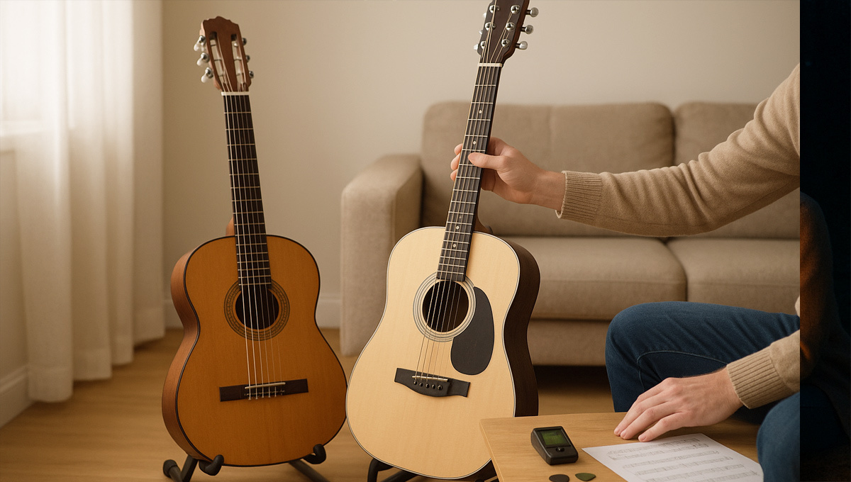 Домашняя комната с двумя гитарами и уютной атмосферой.