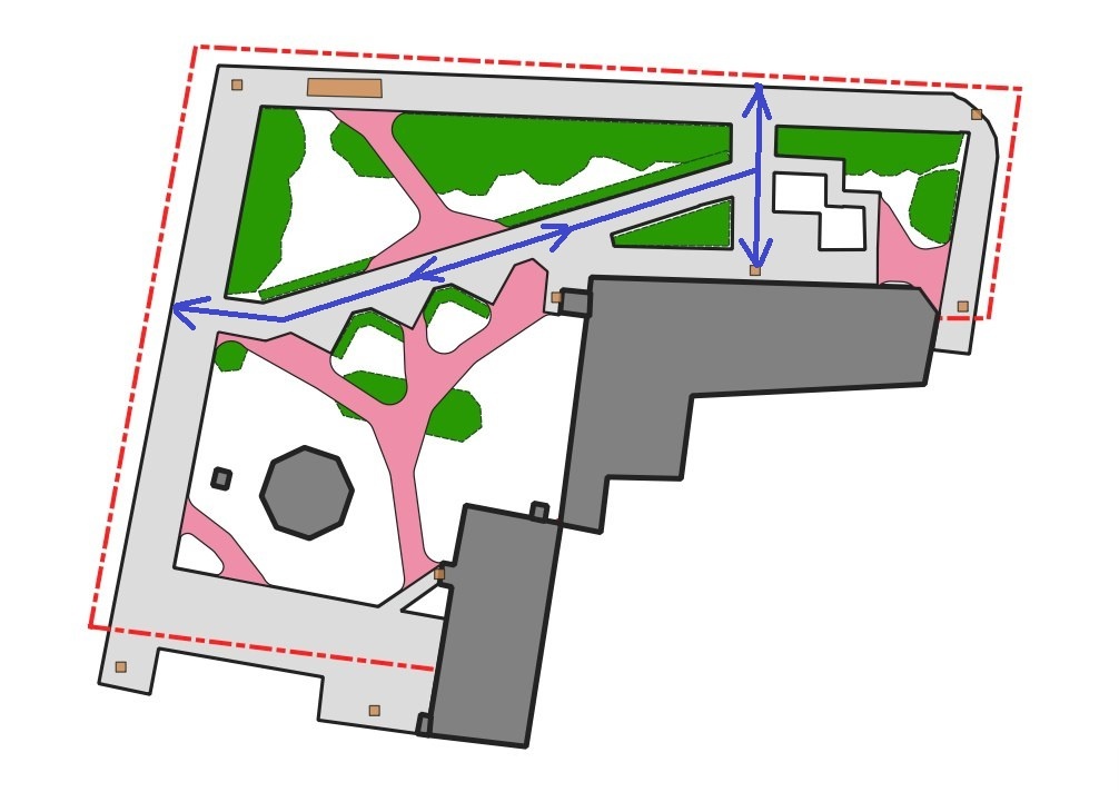 Рис. 1. Сквер Воспиталя на углу Загородного и Верейской - синими стрлками показаны существующие транзиты пешеходов, ограниченные калитками в ограждении по периметру сквера и подчиненные входу в здание отдела образования. Малиновой заливкой обозначены транзиты пешеходов в случае, если бы забора не было. Кругозор Проектировщика