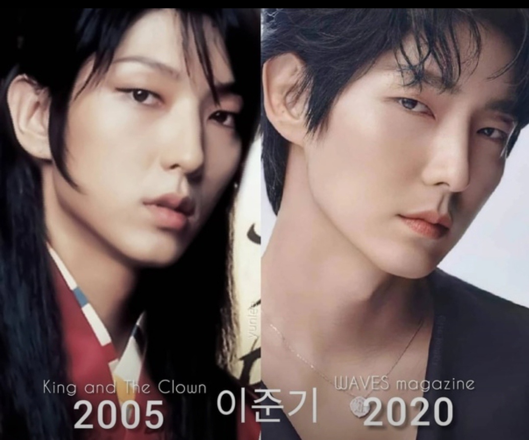 Прекрасно пойманный практически идентичный ракурс... с разницей в 15 лет. От прекрасного юноши к прекрасному мужчине... Для любителей "они там все пластиковые" вопрос - зачем Джунги с годами уменьшим губы и уши, пардон, от головы отклеил (Гонгилю приклеивали, уменьшая природную э... лопоухость) вот совершенно непонятно!  Хотя насчёт губ возможно дело в мейке - не поручусь. Одно сильно явное отличие - брови для роли "мужчины короля" были выщипаны, это факт! Но к пластике отношения не имеющий.