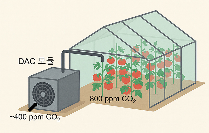 Концептуальная схема системы DAC для умных ферм, разработанной EcoPro HN в сотрудничестве с KAIST и KRICT. Данная система позволяет оптимизировать рост сельскохозяйственных культур путем избирательного улавливания атмосферного CO₂ в низких концентрациях (400 ppm) и подачи его в высоких концентрациях в теплицы [Предоставлено Корейским исследовательским институтом химических технологий]