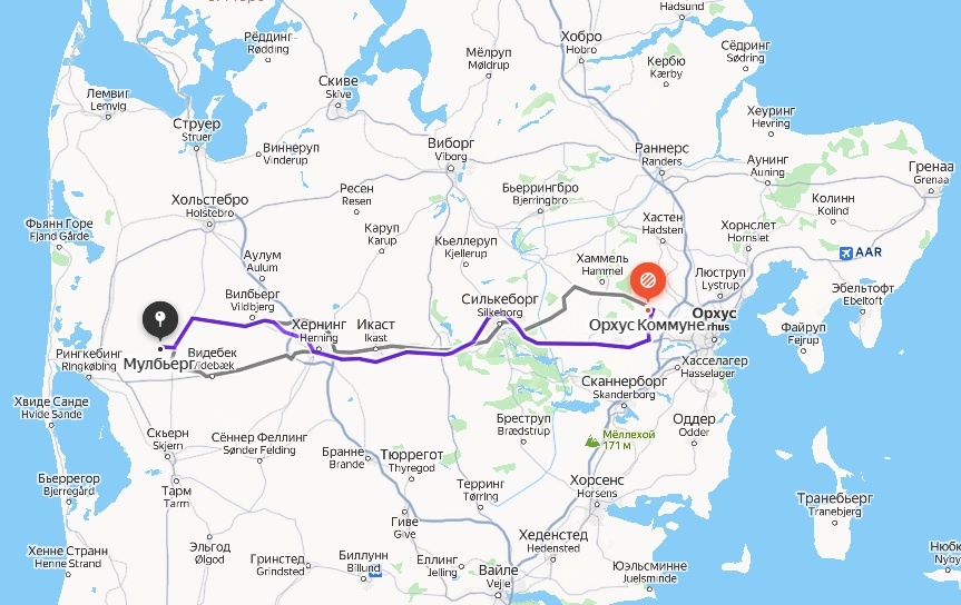 Взаимное расположение и расстояние от Мульдбьерга до  Борум Эшёй