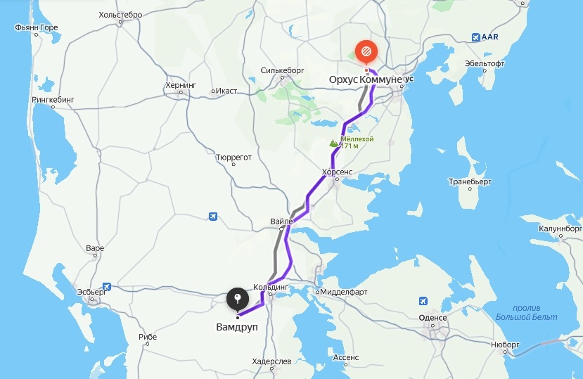 Взаимное расположение и расстояние от Вамдрупа до  Борум Эшёй