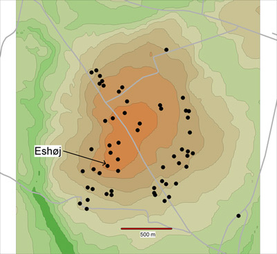 Количество курганов у муниципальной дороги Bakkevej - Eshøjve (проходит с северо-запада на юго-восток)