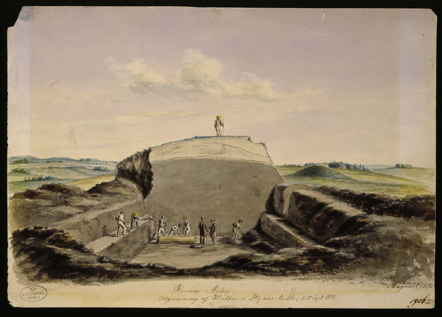 Раскопки  кургана Борум Эшёй в 1875 году. Рисунок. Из открытых источников.