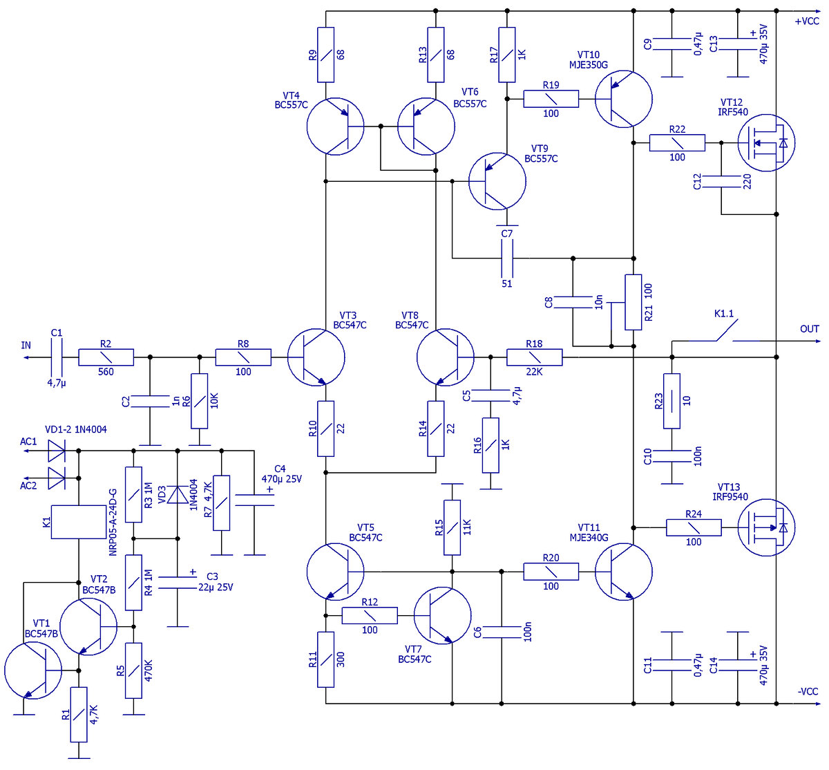 Схема электрическая принципиальная УМЗЧ с Mosfet-выходом и с функцией задержки подключения АС