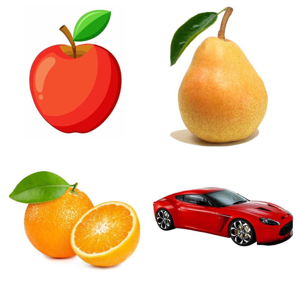 Первый раунд! Машина — лишняя, потому что это не фрукт. А вы нашли?