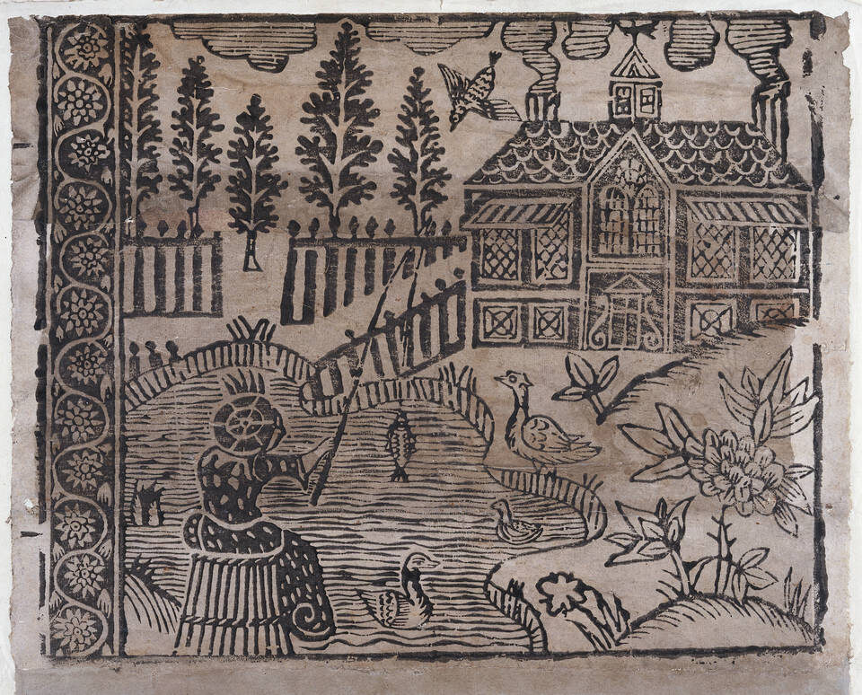 Старинные китайские бумажные росписи. Фрагмент обёрточной бумаги с рисунком, неизвестный художник, конец XVII века, Англия, ксилография. Музейный номер E.405-1968. © Музей Виктории и Альберта, Лондон. Источник https://www.vam.ac.uk/