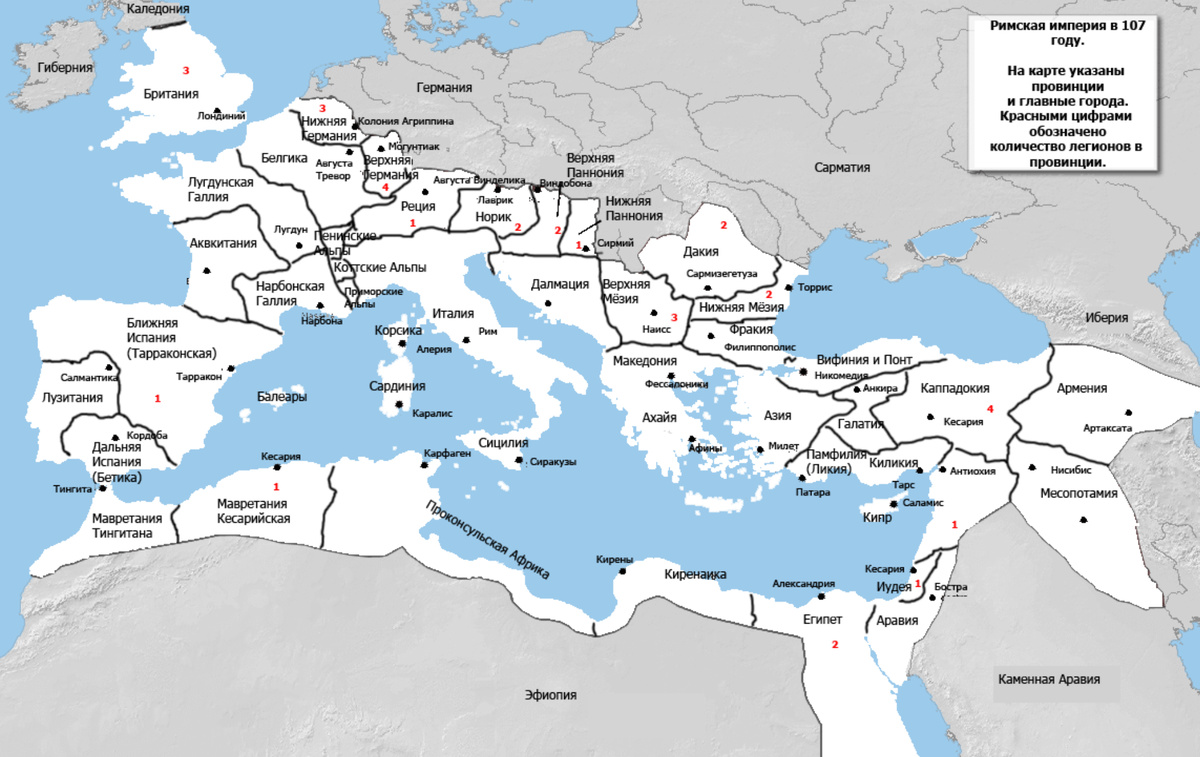 Карта Римской империи по состоянию на 107 год