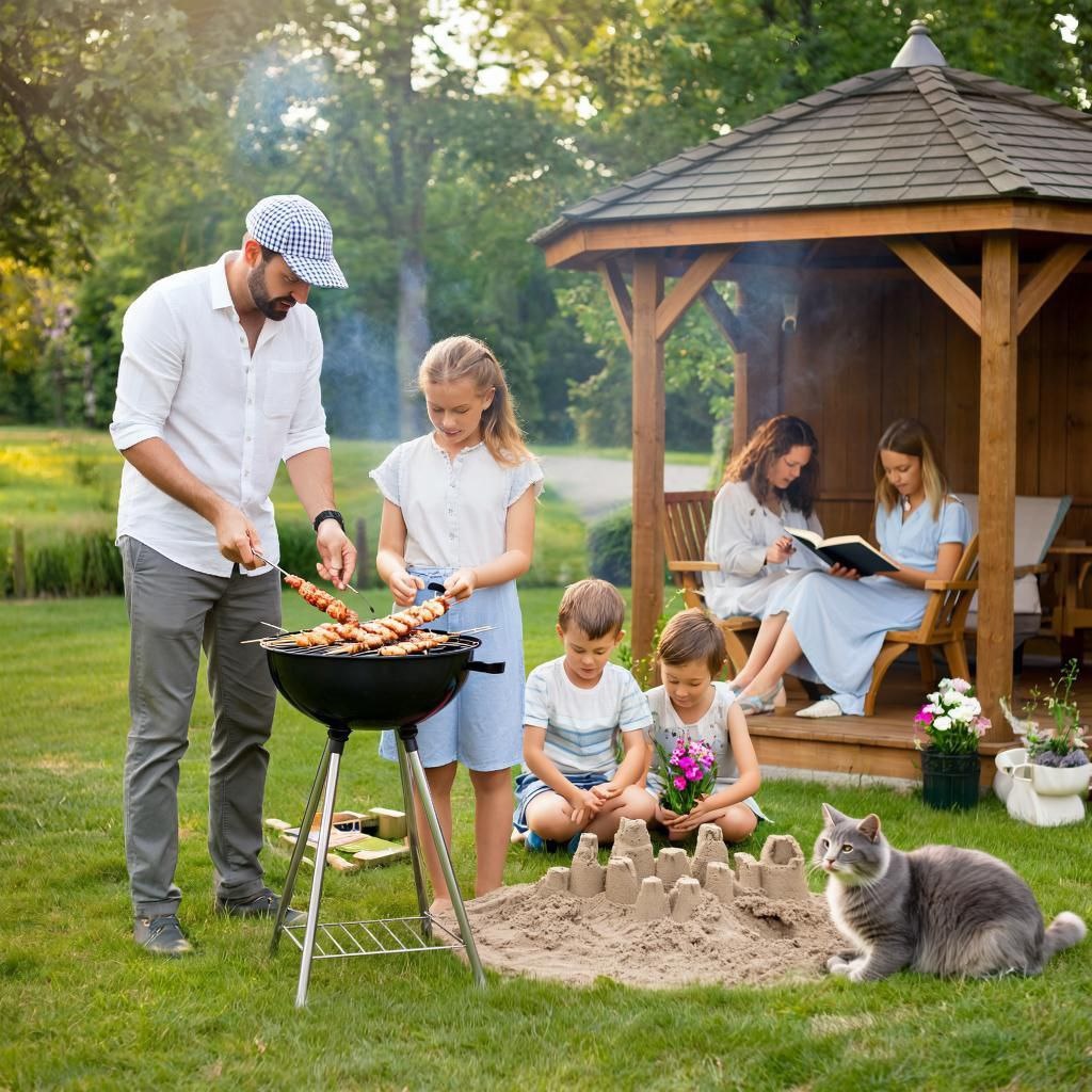 семейные праздники за городом, когда все собираются вместе и папа жарит шашлыки...