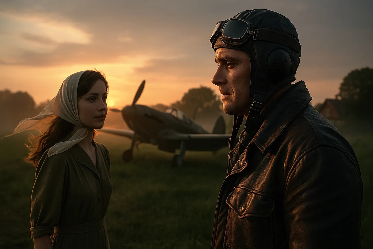 Поздний вечер перед вылетом. Советский аэродром 1940-х годов. Лётчик в кожаной куртке и шлемофоне оборачивается к девушке, стоящей у самолёта.