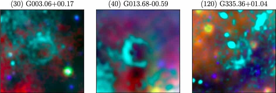    Примеры обнаруженных кольцевых структур, которые прослеживаются только в радиодиапазоне / © C. Bordiu et al, 2025