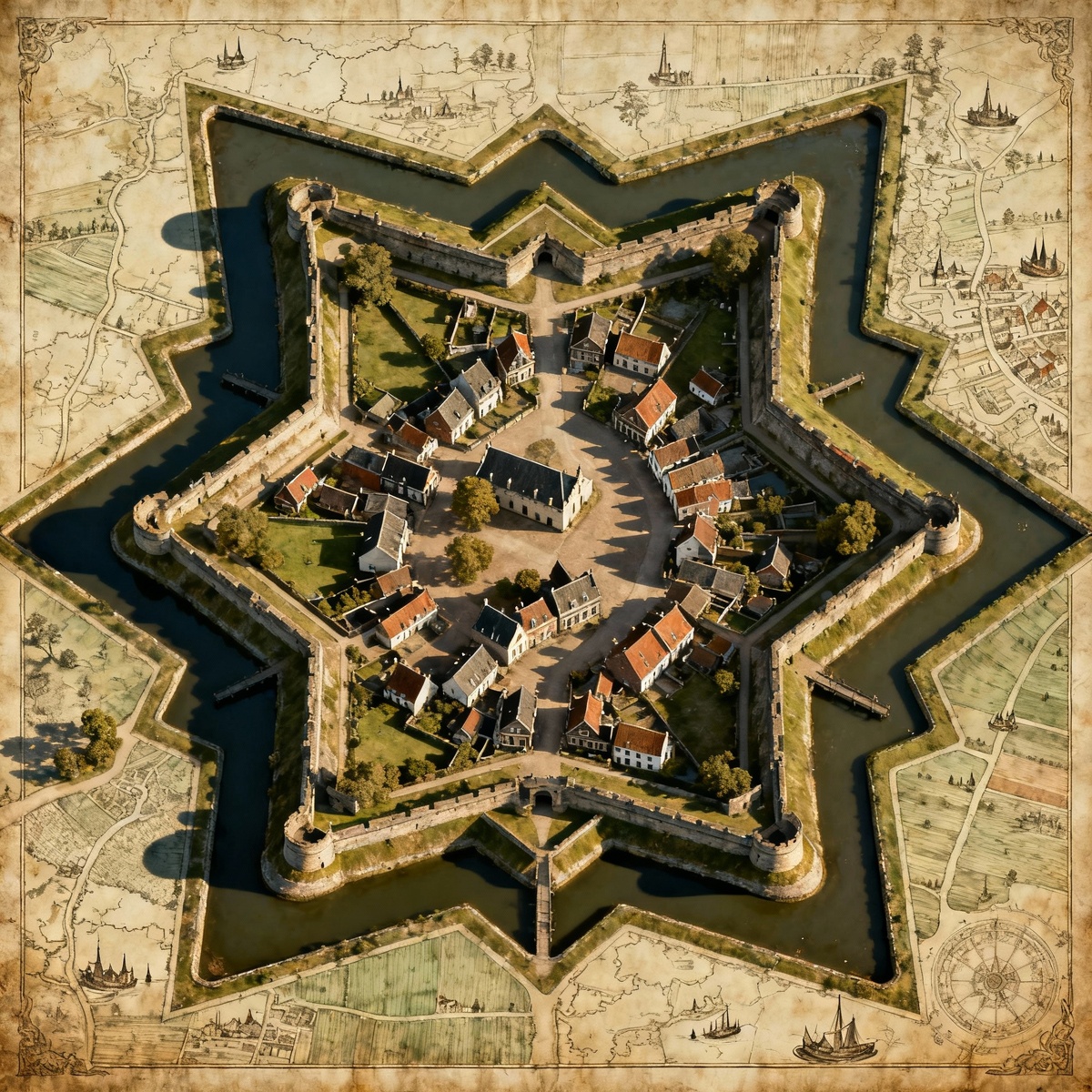 Даная картинка сгенерирована нейросетью. В интернете я находил много хорошо деталезированных старых карт с фортификационными сооружениями в виде звездчатых крепостей.