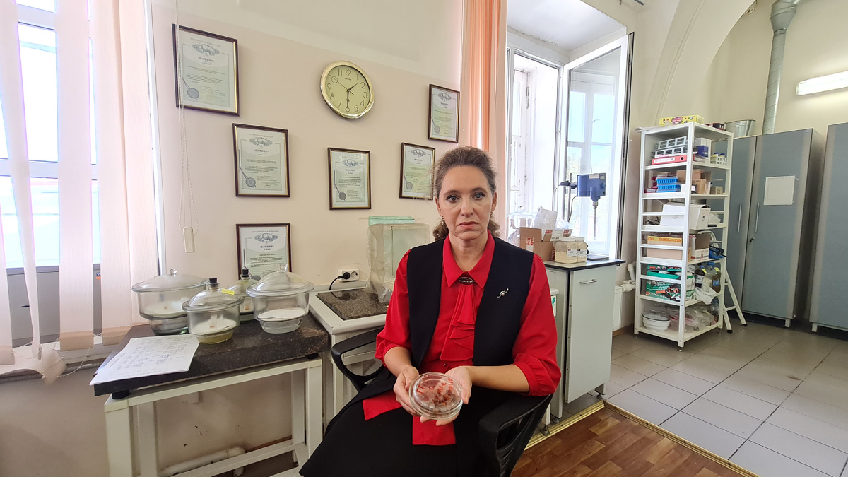 Заведующая лабораторией химии силикатных, д.х.н. Ольга Голубева показывает исследуемые образцы геополимеров. Источник: Ольга Голубева