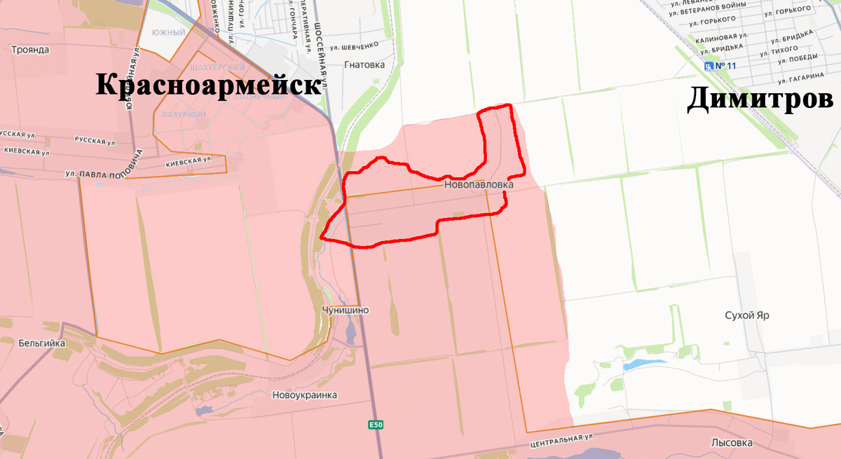Красным контуром - село Новопавловка