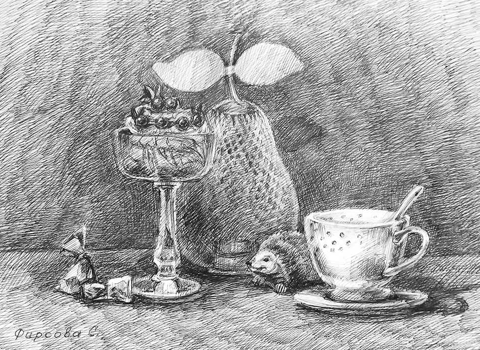 «Ежовое чаепитие», бумага, шариковая ручка, художник Фирсова Светлана
