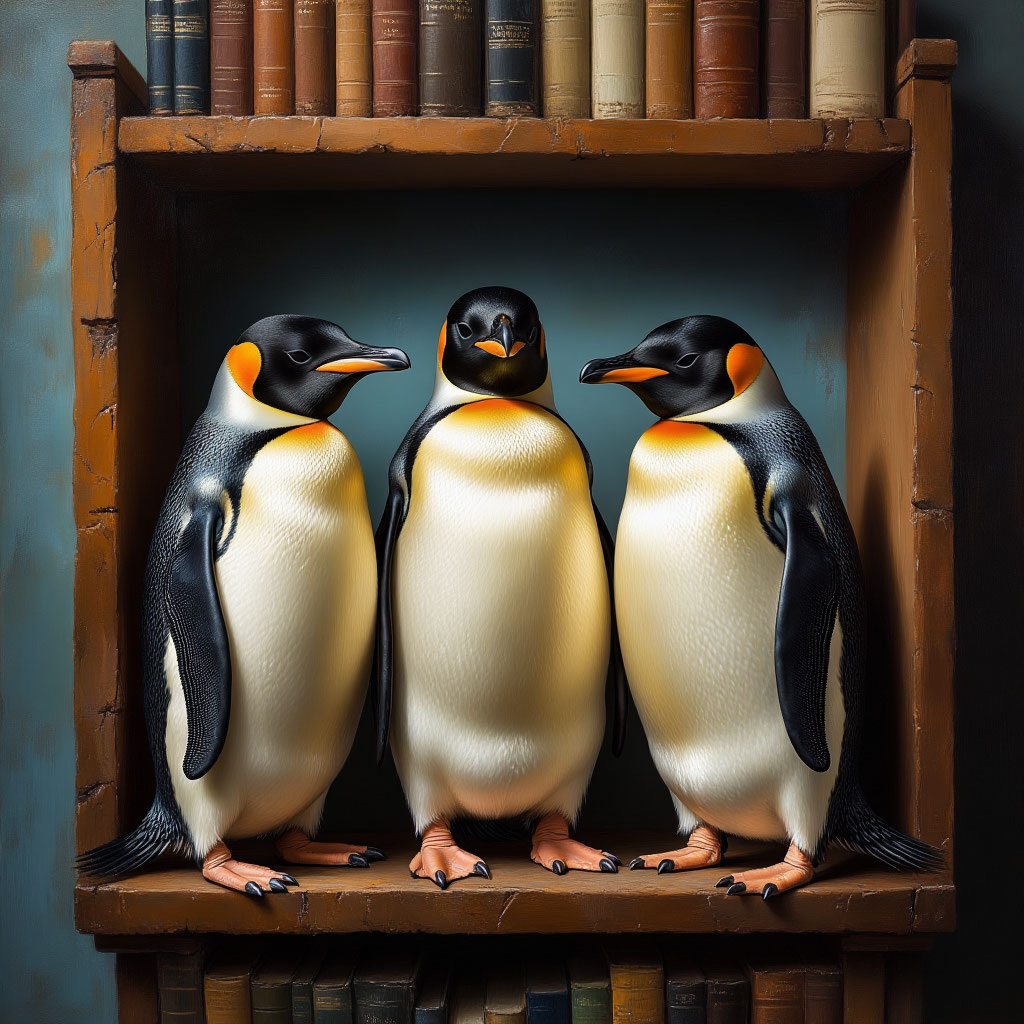 Три пингвина, три веселых друга, экипаж книжной полки боевой. Картина маслом.