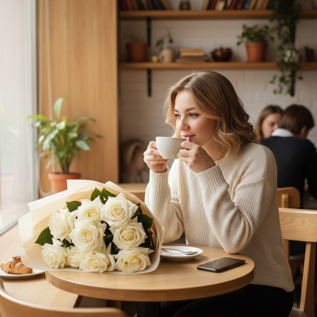 Букет из 7 кремовых французских роз в корейской упаковке
