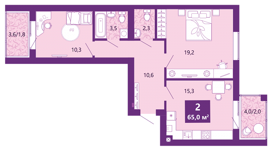 Планировка 2-комнатной квартиры в ЖК «Сиреневый бульвар»