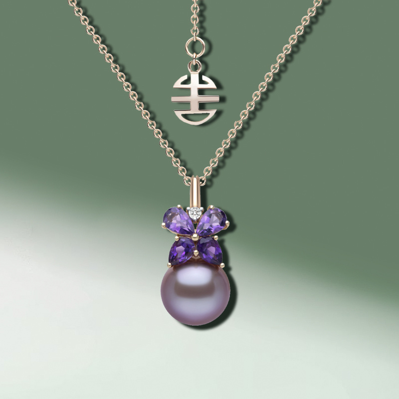 Кулон MIMI Butterfly Drops из розового золота с аметистами, бриллиантом и фиолетовым жемчугом