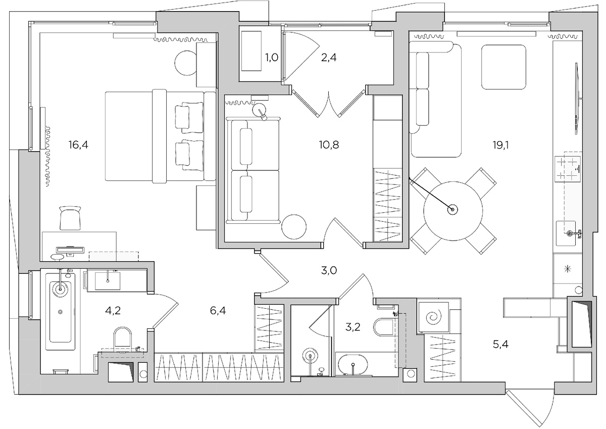 Дизайн-проект квартиры 72 м² с двумя спальнями и кухней-гостиной
