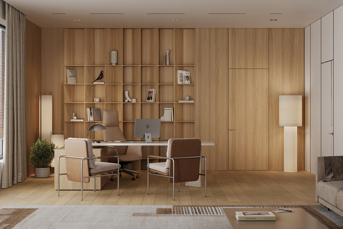 Кабинет со стеновыми панелями в шпоне дуба и панелями в эмали