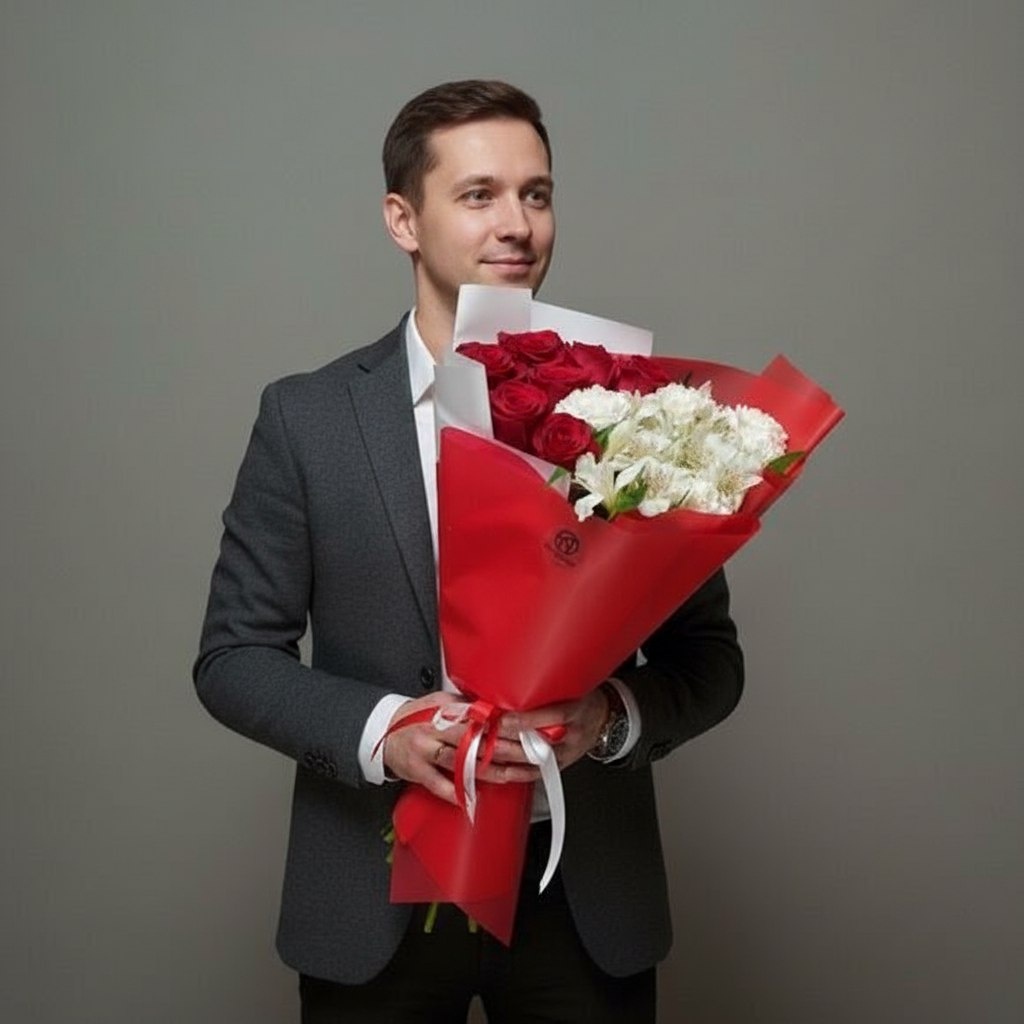 Букет из красных роз Эквадор 50 см, альстромерии и диантусов - M