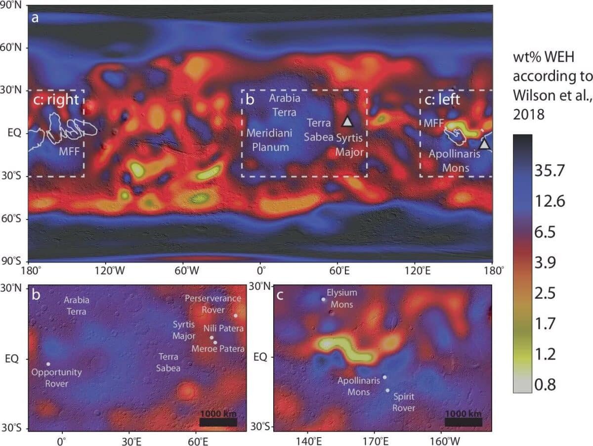   Глобальное распределение приповерхностного водорода. В экваториальных зонах наблюдается избыток. / © Saira S. Hamid et.al / Nature Communications (2025)