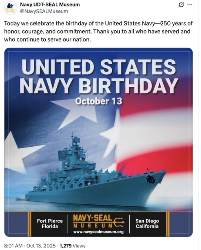 Сегодня мы отмечаем день рождения ВМС США — 250 лет чести, мужества и преданности.
Спасибо всем, кто служил и продолжает служить нашей нации.

ДЕНЬ РОЖДЕНИЯ ВМС США
13 октября