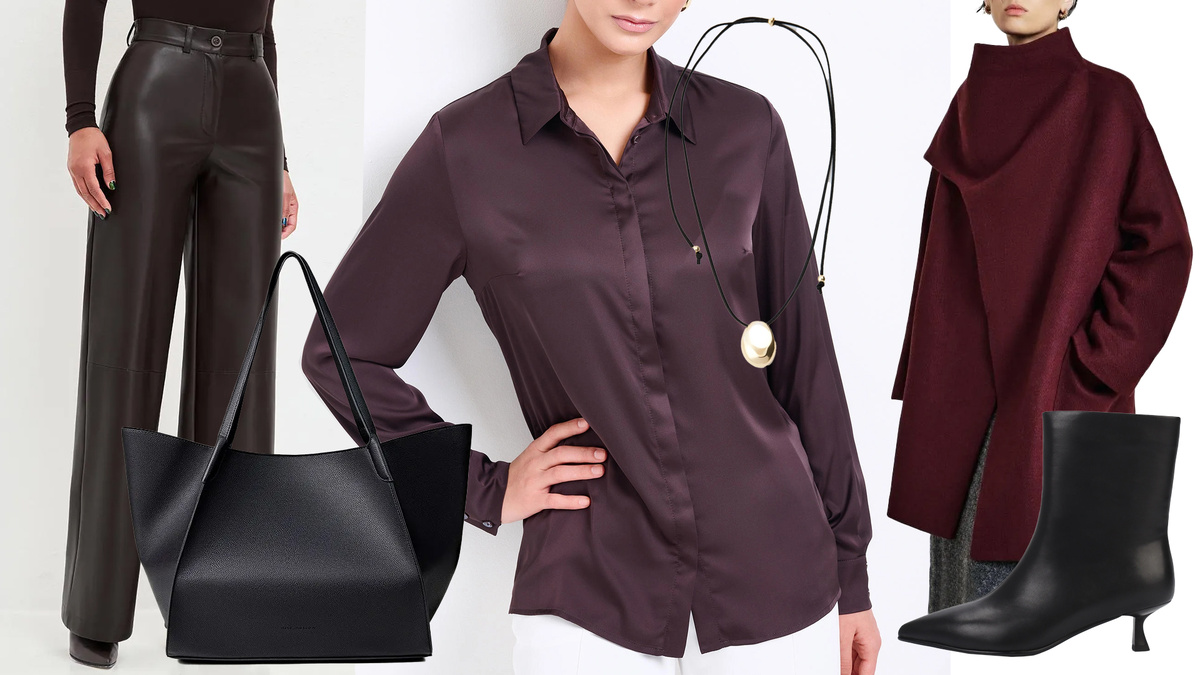 Прямые черные кожаные брюки, коричневая атласная блузка, бордовое пальто с шарфом, черная сумка и черные ботильоны на невысоком каблуке