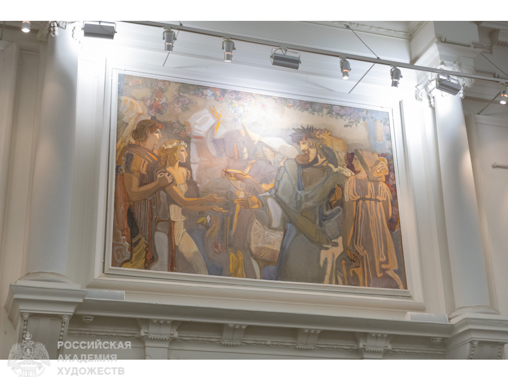 Панно «Свадьба Психеи и Купидона» Альбины Акритас в Белом зале Российской академии художеств (Москва, Пречистенка, 21). Фото Виктора Берёзкина, пресс-служба РАХ. 2025.