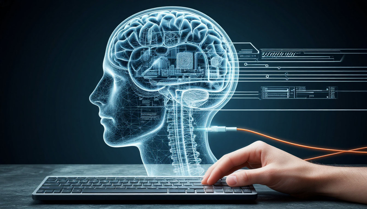 Метафорическое изображение человеческого разума как фабрики или компьютера, создающего реальность. Полупрозрачная голова человека, внутри которой вместо мозга — сложный механизм: шестерёнки мыслей соединяются с конвейерной лентой, на которой формируются и упаковываются слова (как готовые продукты или инструкции). 