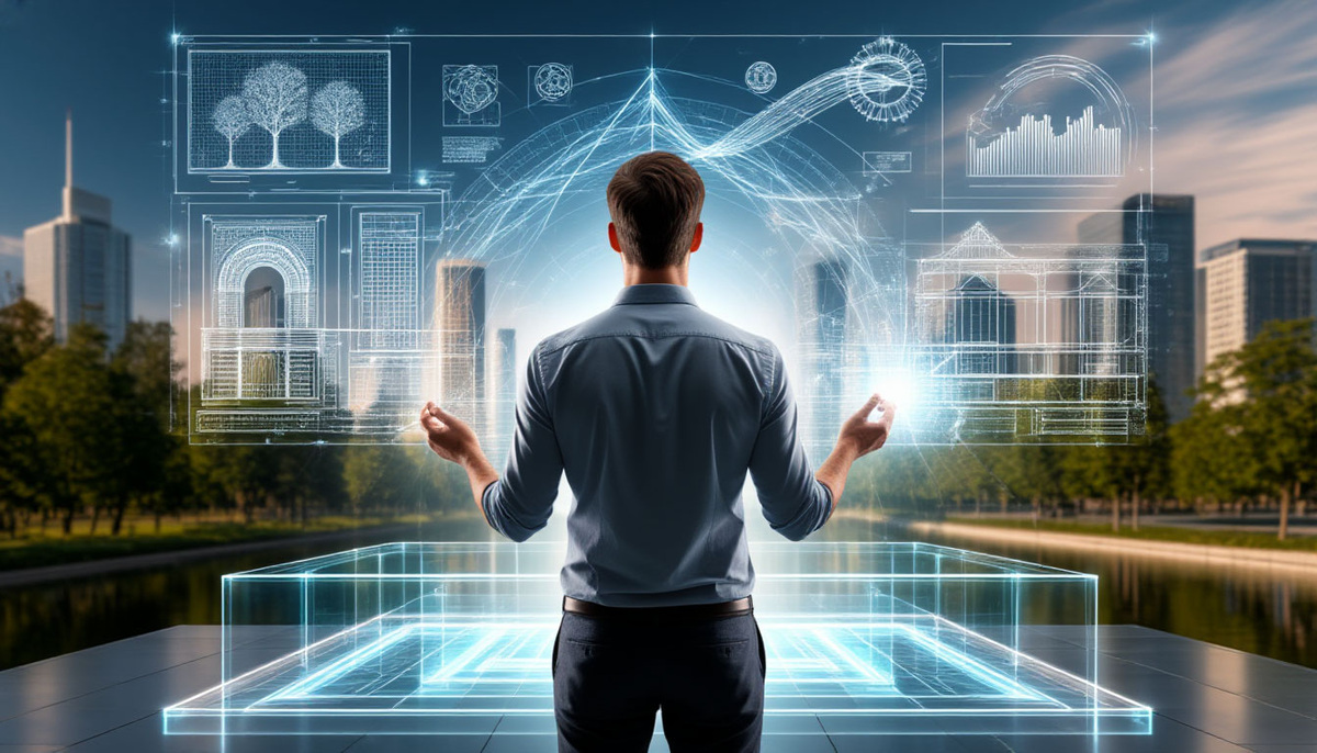 Человек в роли архитектора, который в реальном времени проектирует и строит мир вокруг себя. Он стоит спиной к зрителю на прозрачной платформе, глядя на развернувшийся перед ним "холст" реальности. 