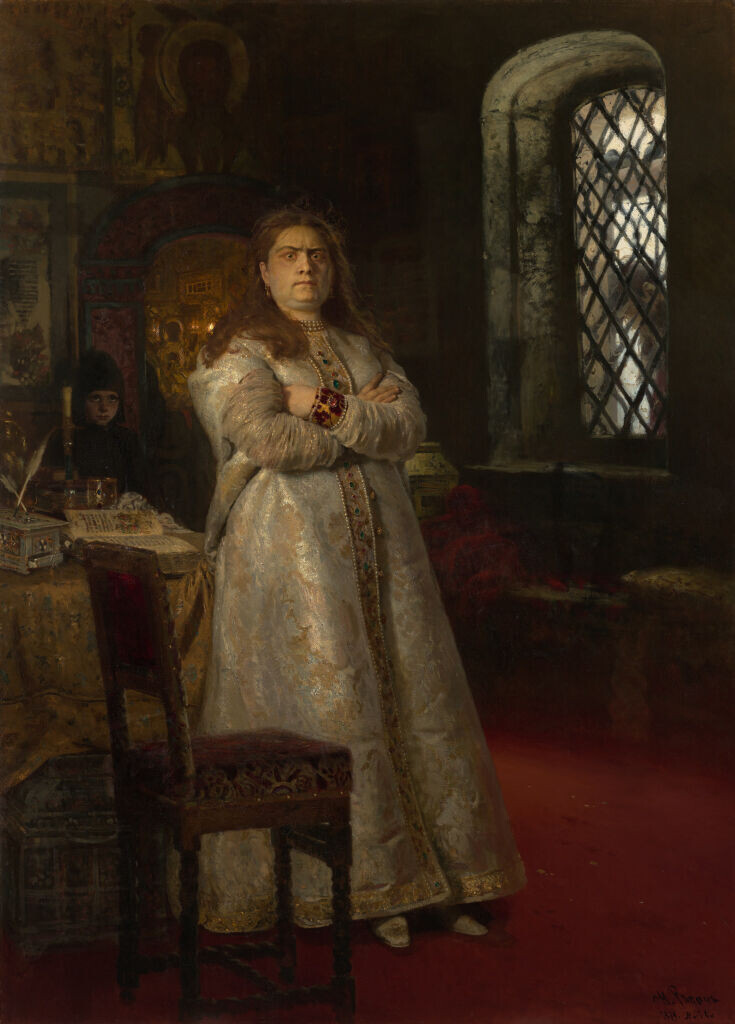 Илья Репин. Царевна Софья Алексеевна через год после заключения её в Новодевичьем монастыре, во время казни стрельцов и пытки всей её прислуги в 1698 году, 1879. Третьяковская галерея.
