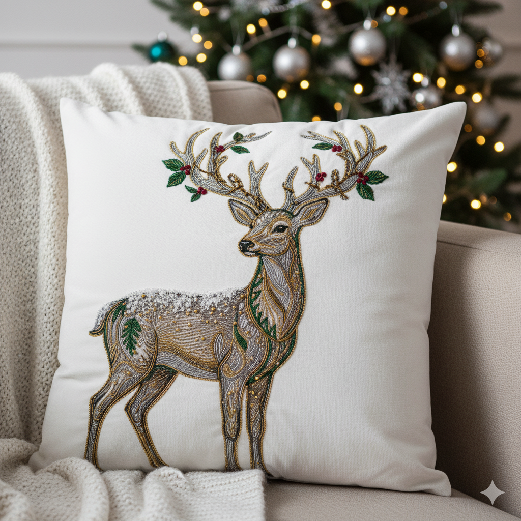 Вышивка на подушке олень