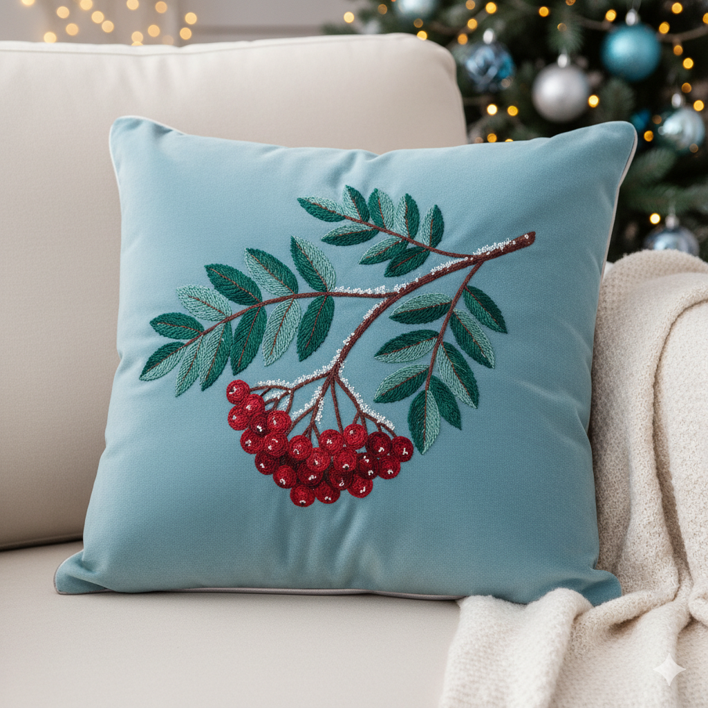 Вышивка на подушке рябина