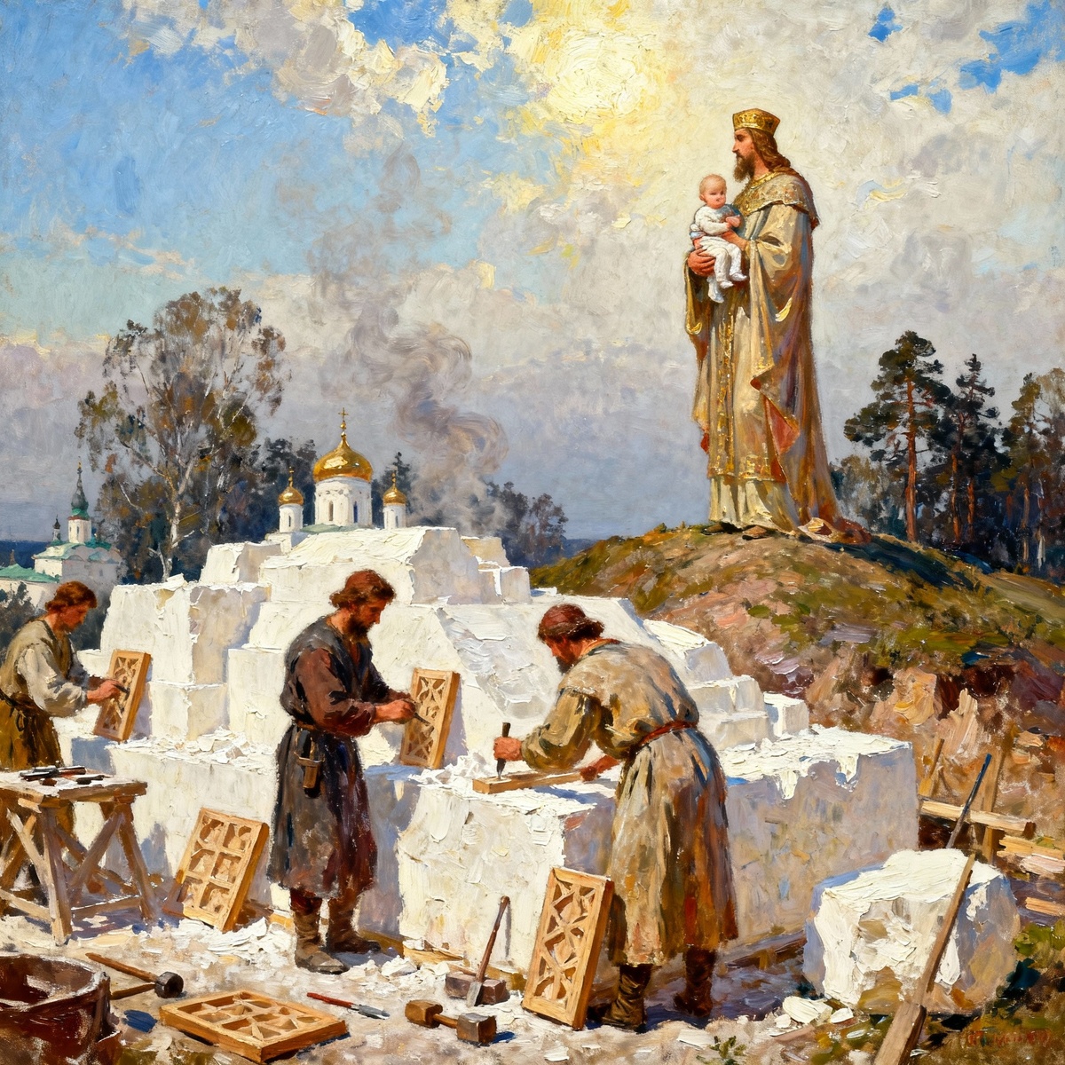 Замысел каменной поэмы - начало строительства собора, князь с сыном у строящегося собора