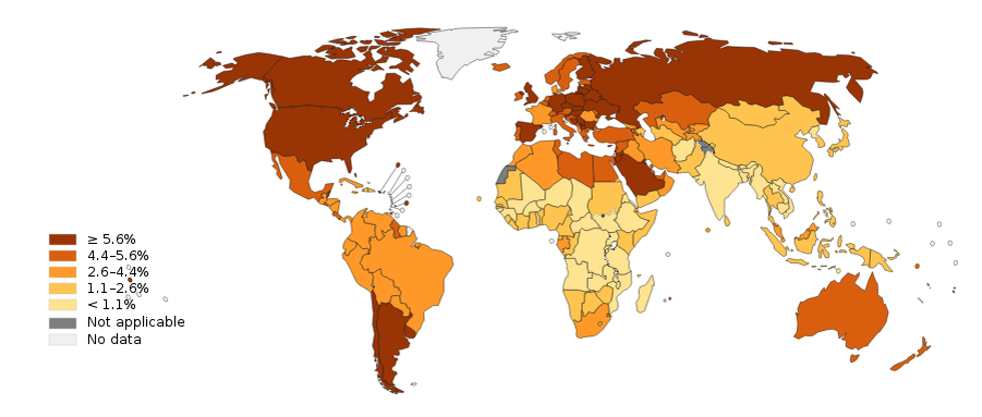    Чем темнее цвет, тем больше случаев РМЖ связаны с повышенным ИМТ. Россия находится в «топе» стран по этому показателюInternational Agency for Research on Cancer, WHO