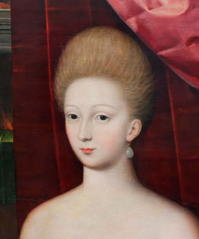 Неизвестный художник школы Фонтенбло. Предполагаемый портрет Габриэль д’Эстре с сестрой. Фрагмент. Около 1594 года. Дерево, масло. 96 × 125 см Лувр, Париж, Франция. 