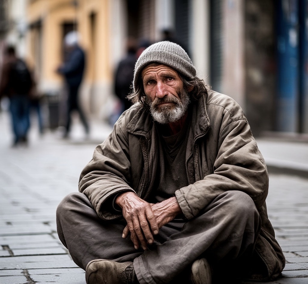 Бездомный сидит на улице