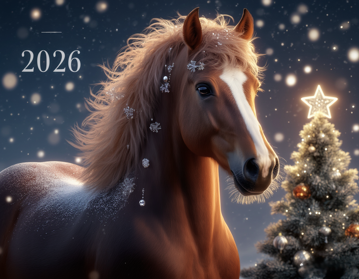 Красивая лошадь со снежинками и елочкой на фоне, и с надписью 2026