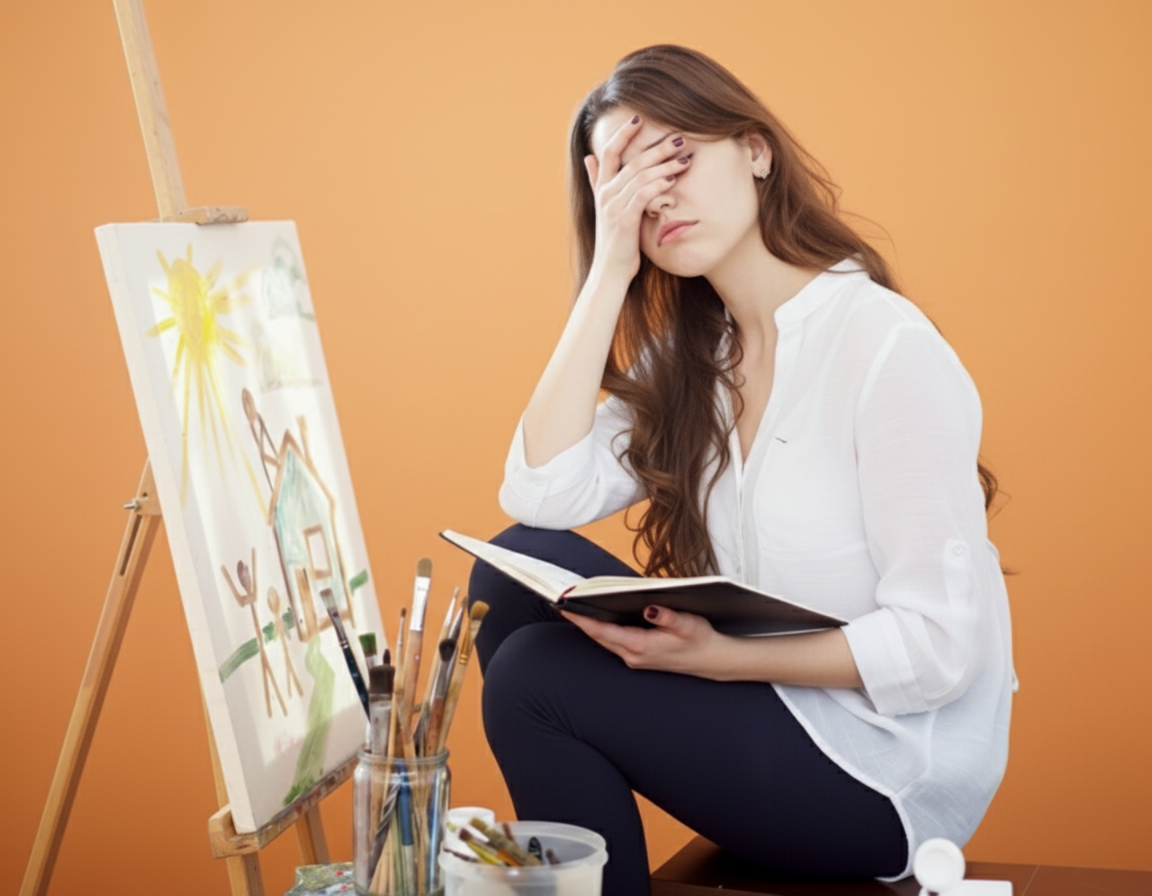 Художница за мольбертом закрыла глаза рукой