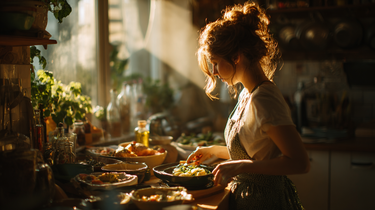 Женщина готовит кето-блюдо на уютной кухне в лучах утреннего солнца — свежие овощи, зелень и полезные продукты на столе. Атмосфера домашнего уюта и здорового питания. Иллюстрация к статье о трендах 2025 года в кето-диете, новых заменителях углеводов и современных кето-продуктах.