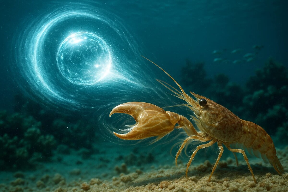 Застывший момент подводного взрыва. Креветка-пистолет, затаившаяся в норе, только что щёлкнула клешнёй. Из неё вырывается струя воды, превращающаяся в смертоносный кавитационный пузырь. Сфера света и пара, горячее солнца, рождается в бирюзовой воде, а ничего не подозревающая рыбка замерла на пути ударной волны. Оружие природы в действии.